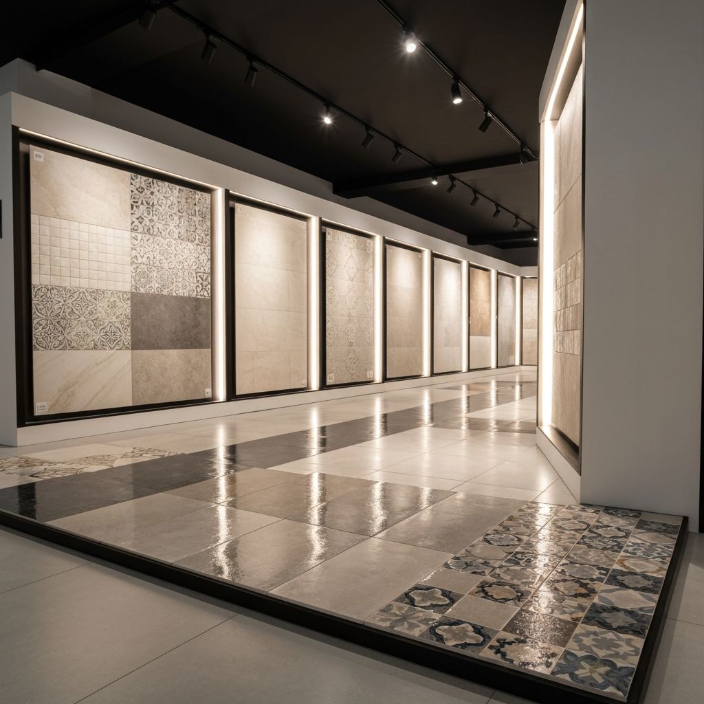 Ceramic and vitrified tiles display at Ajit Hardware & Paint Store Parsathua Bihar for modern home flooring