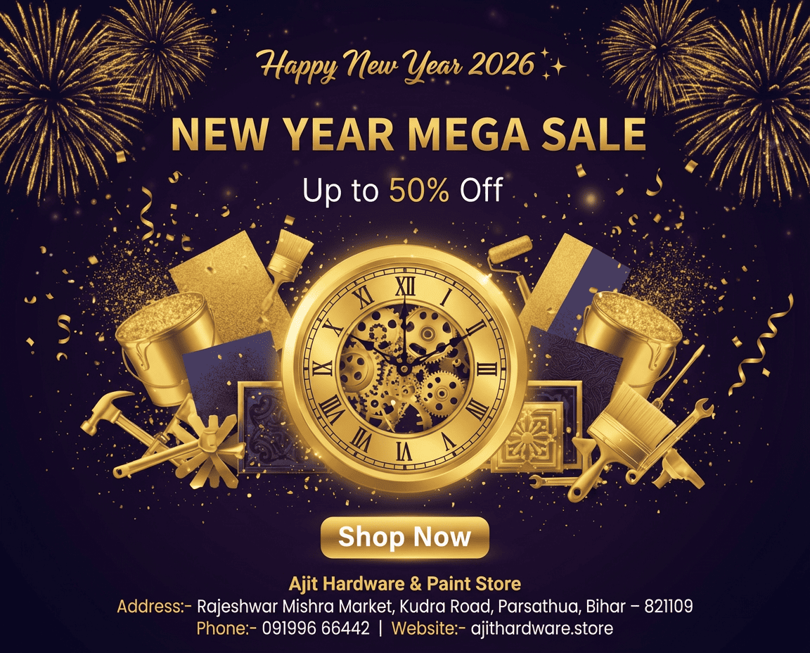 Happy New Year 2026 Mega Sale banner of Ajit Hardware & Paint Store, Parsathua Bihar with golden clock and festive theme